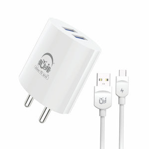 U&i 2.4 A Multiport Mobile Quick Series Charger Dual USB Port with Type C Data Cable Over Short-Circuit Protection 2.4A Output UiCH 3301 Charger with Detachable Cable (White, Cable Included) - U&i World